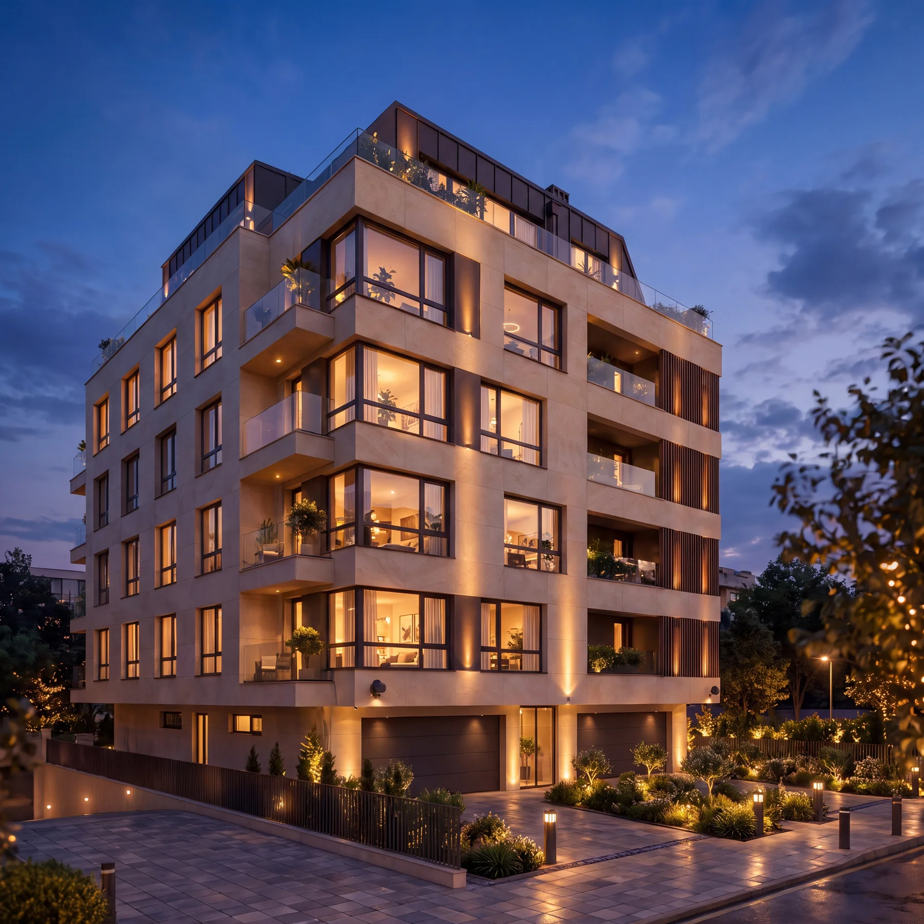 Фасадата на OMNI Home вечер, с осветени тераси